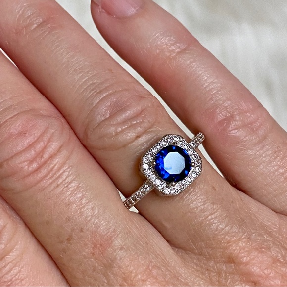 925 Sterling Silver Blue CZ Diamond Halo Ring - Picture 11 of 14